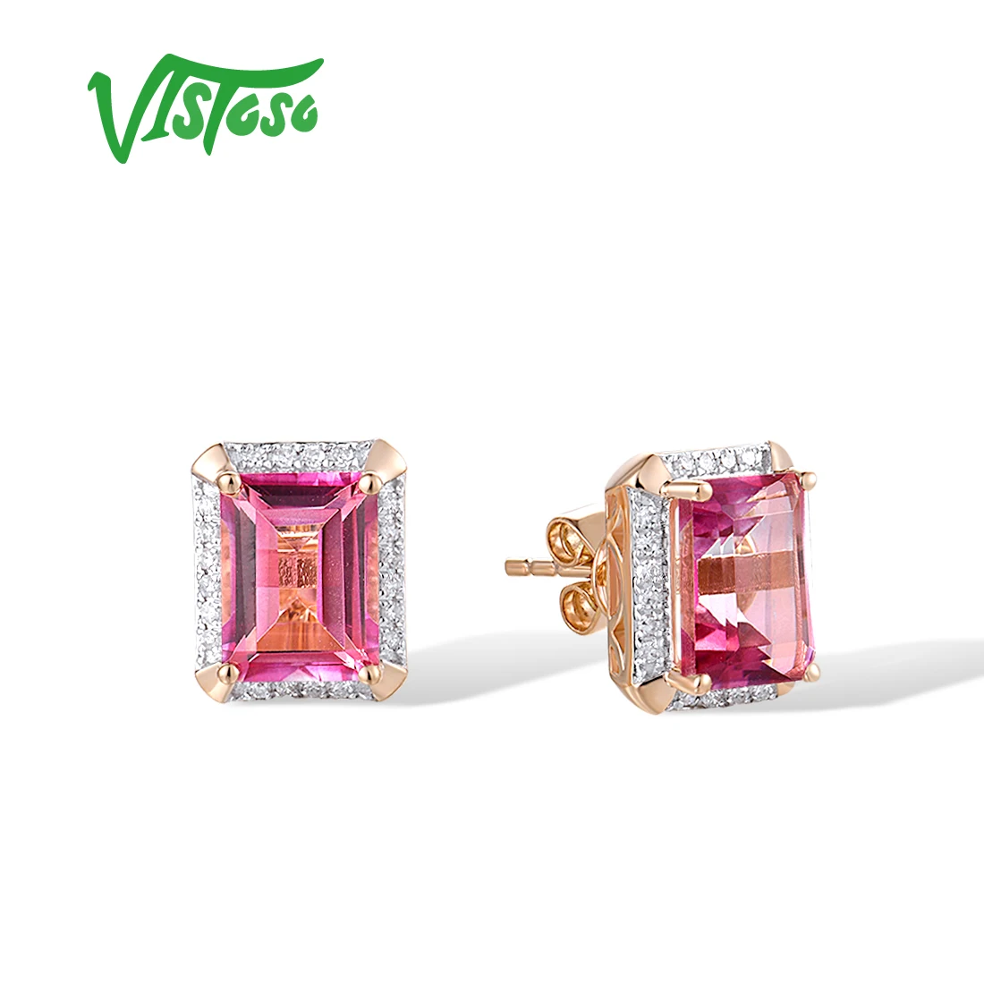VISTOSO Reine 14K 585 Rose Solitär Ohrstecker Für Frauen Funkelnden Diamanten Rosa Topas Elegante Rechteck Feine Hochzeit Schmuck