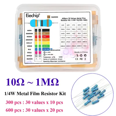 300/600PCS 1/4W Metallfilm-Widerstandskit 1% 30 Werte 0,25W Widerstandskit 10Ω~1MΩ farbiger Image
