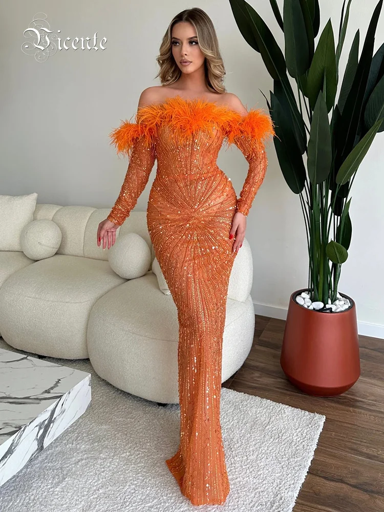 VC Off Shoulder Mesh Pailletten Feder Maxi Langes Orange Figurbetontes Kleid Elegante Partyabend Ballkleider