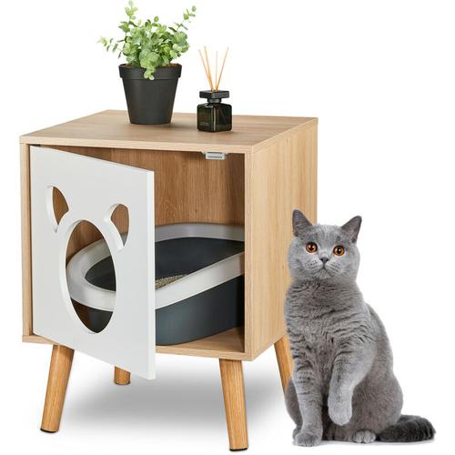 Katzenschrank mit Tür, HxBxT: 50x40x40 cm, Katzenklo verstecken, Schlafplatz, Katzenkommode indoor,