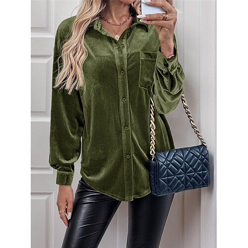 Damen Hemd Bluse Feste Farbe Basic Brautkleider schlicht Langarm Hemdkragen Normale Oberteile Täglich Knopf Tasche Rote Braun Grün Herbst Winter