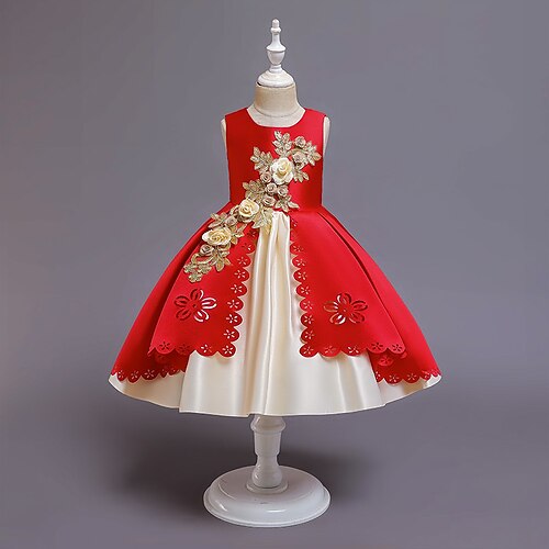 Blumenmädchenkleid Kinder Mädchen Prinzessinenkleid Leistung Hochzeit Party Elegant Schön Patchwork Blumen Ärmellos Rundhalsausschnitt Weinrot Rosa 4 Jahre Image