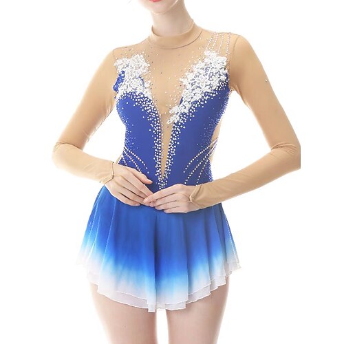 Eiskunstlaufkostüme für Erwachsene und Kinder, personalisiert mit farbigen Diamanten, blaues Spandex-Netz, Graduierungskostüme, Wettkampftraining, Kleider mit Farbverlauf und Strasssteinen, Image