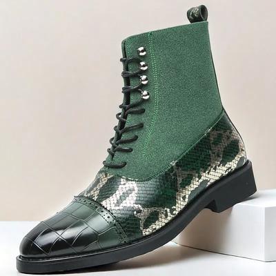 Men's Luxury Green Ankle Boots Snake Pattern Faux Leather with Crocodile-Embossed Toe and Lace-Up Design