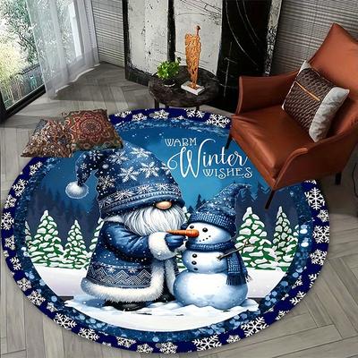 TEMU 1pc Cozy Winter Gnome & Snowman Round Mat - Washable Polyester Floor Mat With Snowflake Design, Living Room, Bedroom, Wardrobe - 31/39/47 Inch Sizes Image