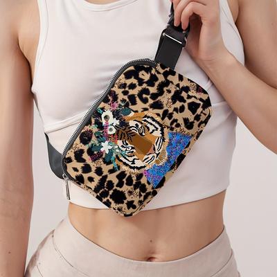 TEMU Chic Tiger Print Crossbody Bag - Lightweight, Adjustable Strap For Travel, Hiking & Yoga | Fashion Waist Pack Image
