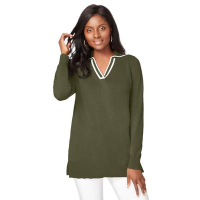 Plus Size Women's Fine Gauge Contrast Tipped Collar Sweater by Jessica London in Dark Olive Green White (Size L)