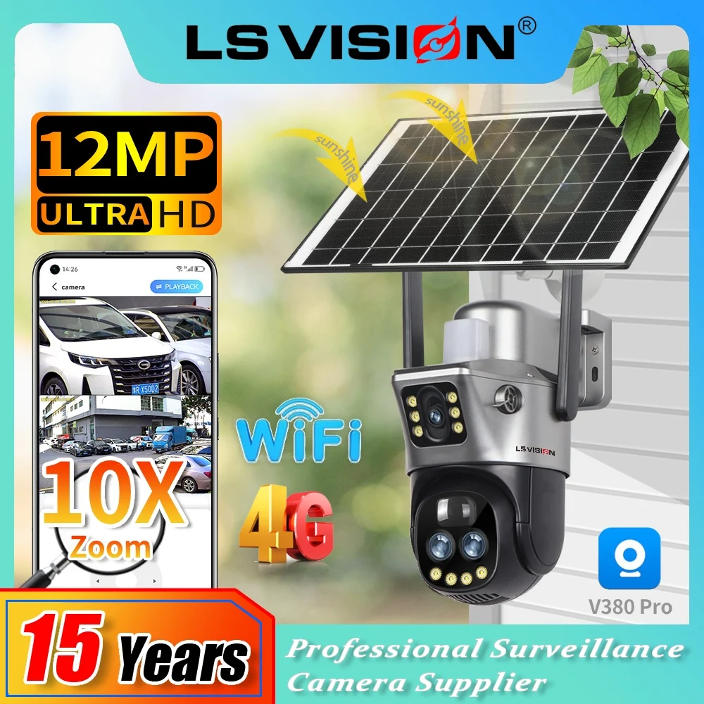LS VISION 6K 10XZoom 4G Sim Solar Kamera Wifi Outdoor Dual Screen PIR Menschlichen Erkennung Batterie Sicherheit camara V380 CCTV Monitor Image