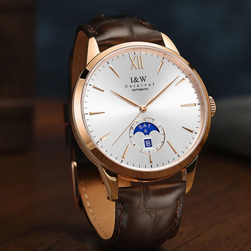 Schweiz I&W Carnival Japan MIYOTA Automatische mechanische Herrenuhren Luxusmarke Saphir Wasserdicht Mondphasenuhr 527G Image