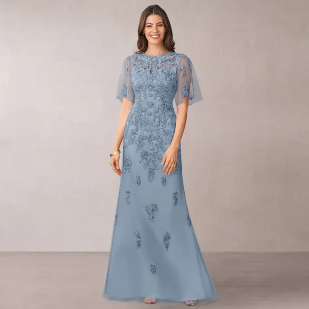 Mutter Der Braut Blau Kleider Bodenlangen Tüll Applique Kurzarm Lange Für Hochzeiten Formale Party Kleid Elegante Customze Image