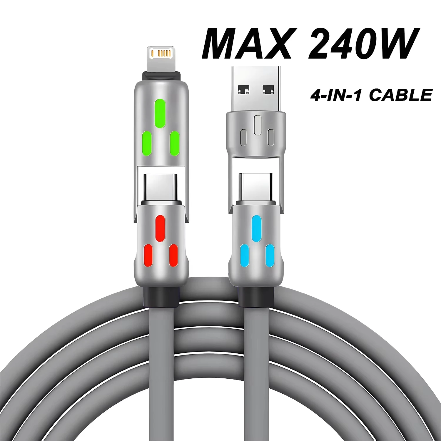 4-in-1-Ladegerät mit mehreren Anschlüssen, drehbarer Winkel, USB auf Typ C, 1,2 m, Mobiltelefon, 240 W, Schnelllade-Silikonkabel, Datenübertragung Image