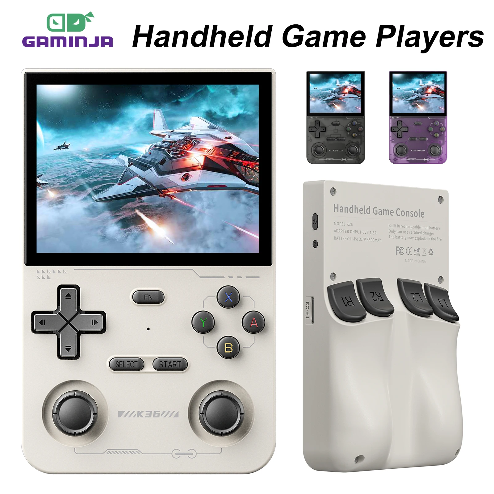 GAMINJA Open Source K36 rétro Console de jeu vidéo portable 16000 émulateur de jeux pour PS1/PSP/DC/N64/SS 500nit 3.5 pouces écran IPS