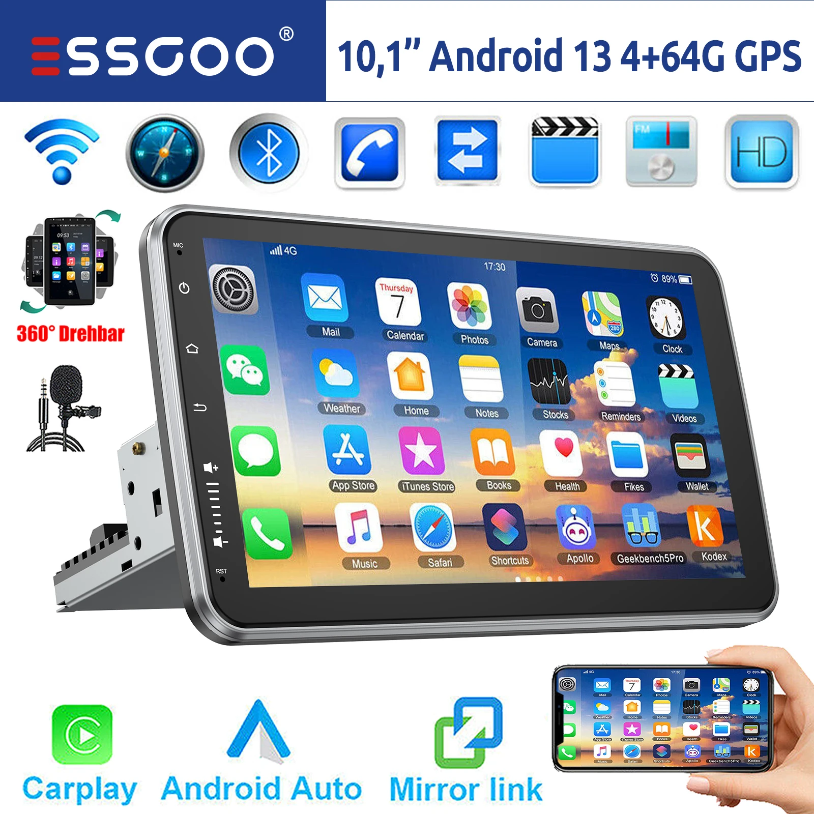 ESSGOO 10" Android 13 4+64G Apple Carplay Android Auto Auto Stereo Radio Single 1 DIN GPS Nav Bluetooth FM RDS WIFI USB EQ SWC Image