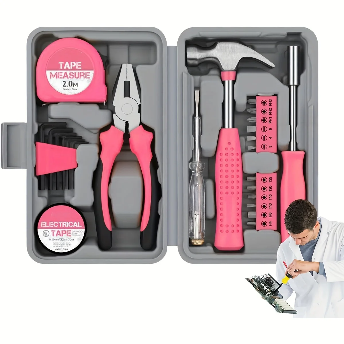 Ensemble d'outils 24 pièces, kit d'outils de bricolage domestique rose pour femmes. Petit mini boîte à outils, ensemble d'outils de base pour dames