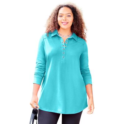 Plus Size Women's Cloud Knit French Terry Collared Tunic by Catherines in Aqua Blue (Size 5X)
