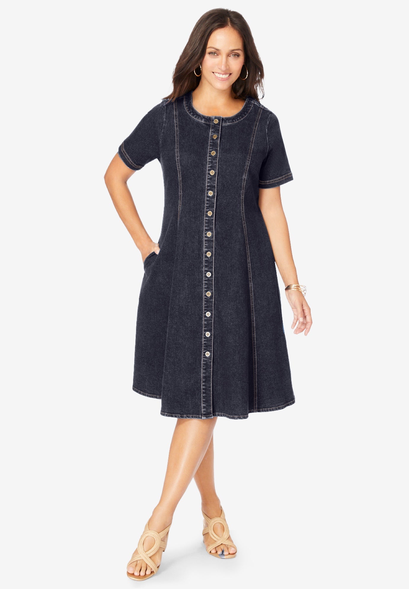 Plus Size Women's Button Front Denim Dress by Jessica London in Indigo (Size 20 W)