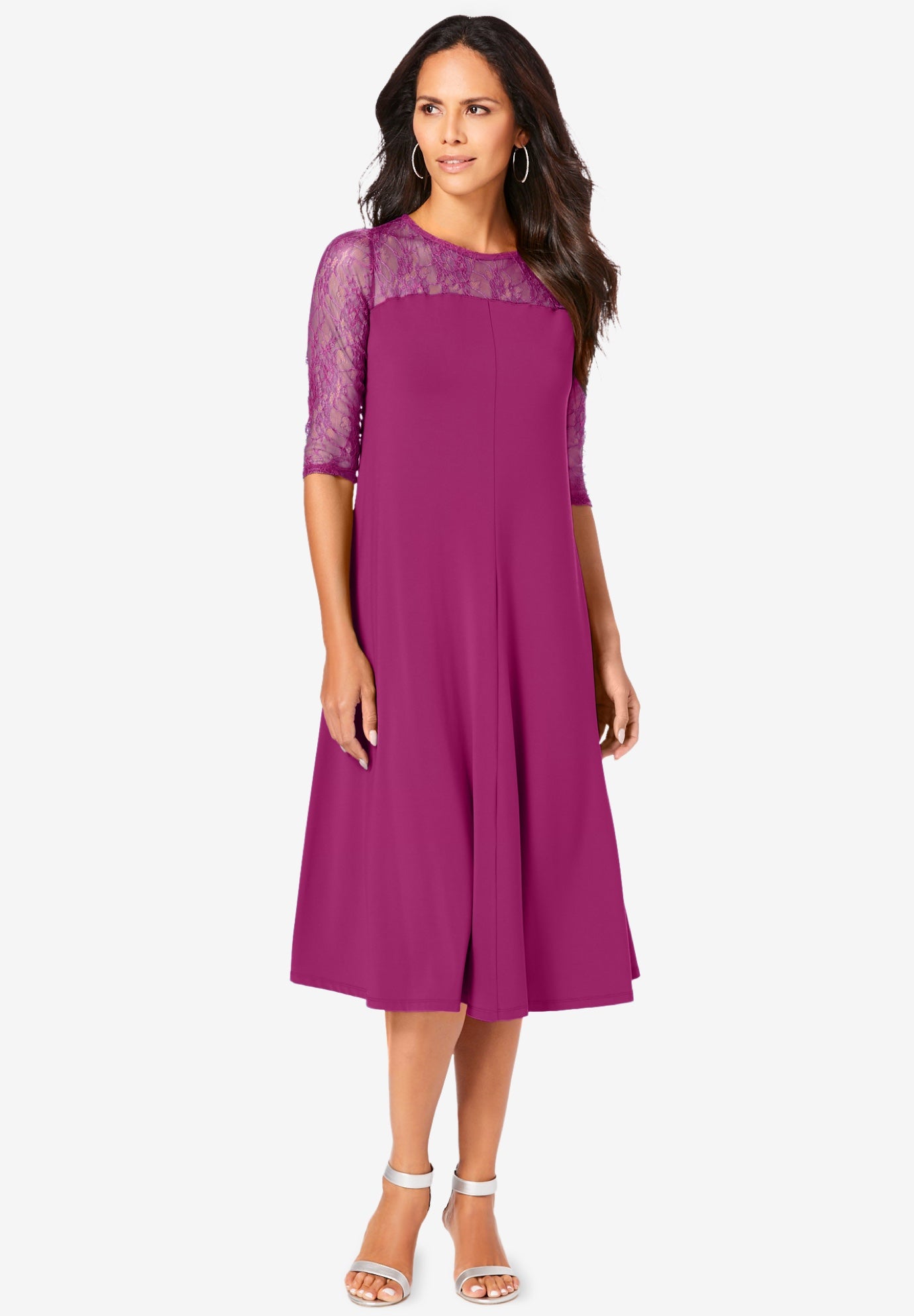 Plus Size Women's Plus Size 3/4 Sleeve Allover Lace Swing Dress by Roaman's in Raspberry (Size 18/20)