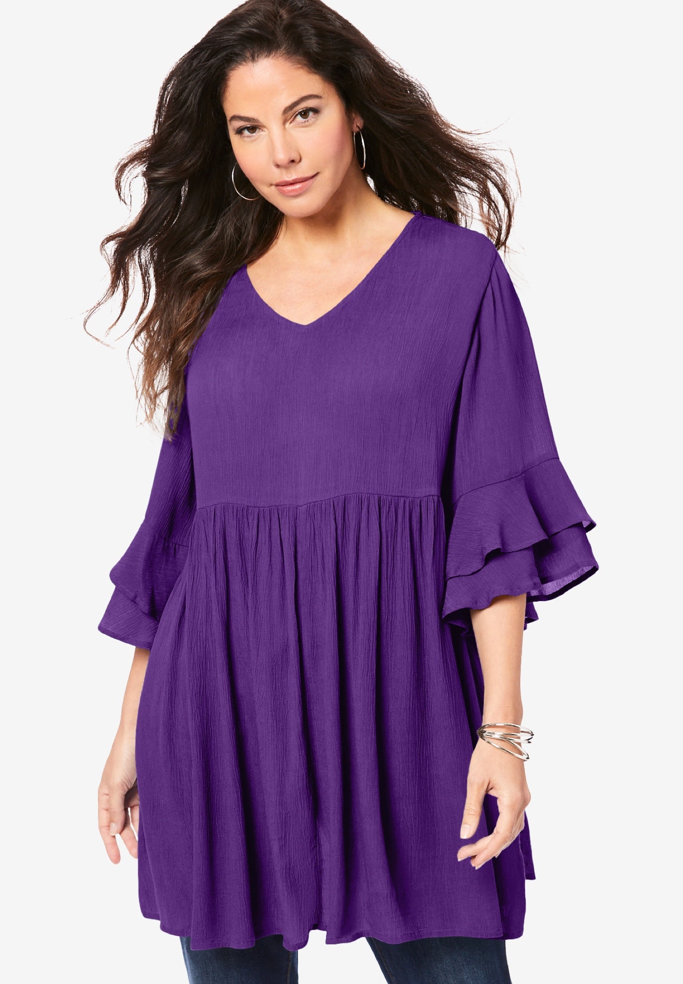 Plus Size Women's Hand Crinkled Flutter Sleeve Tunic by Roaman's in Purple Orchid (Size 16 W)