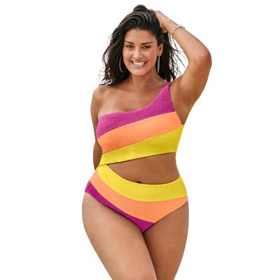 Plus Size Women's One Shoulder Color Block Cutout One Piece Swimsuit by Swimsuits For All in Bright Sparkle (Size 22)