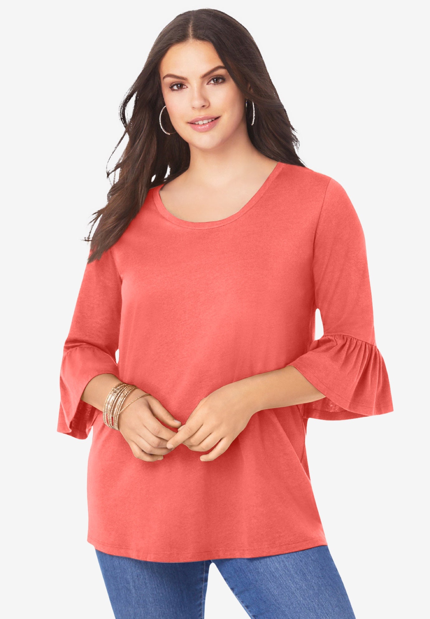Plus Size Women's Plus Size Cotton Ultimate Bell Sleeve Tee by Roaman's in Sunset Coral (Size 42/44) Shirt
