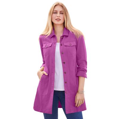 Plus Size Women's Long Denim Jacket by Jessica London in Deep Orchid (Size 16 W) Tunic Length Jean Jacket