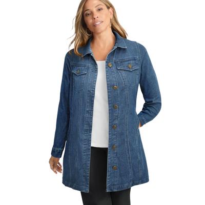 Plus Size Women's Long Denim Jacket by Jessica London in Medium Stonewash Embroidery (Size 36 W) Tunic Length Jean Jacket