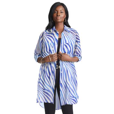 Plus Size Women's Sheer Georgette Mega Tunic by Jessica London in Twilight Blue Zebra (Size 34 W) Long Sheer Button Down Shirt