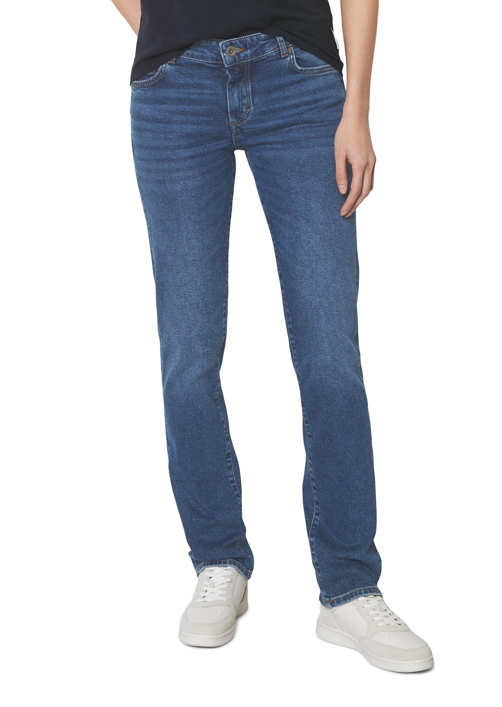 5-Pocket-Jeans MARC O'POLO "Alby Straight", Damen, Gr. 27, Länge 32, blau (authentic mid blau wash), Denim/Jeans, Obermaterial: 90% Baumwolle, 9% Polyester, 1% Elasthan, Jeans 5-Pocket-Jeans, mit gerader Beinform