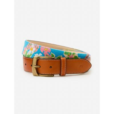 J.McLaughlin Men's Needlepoint Belt in Floral Blue, Size 34 | Cotton/Leather