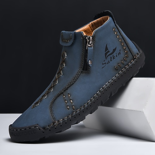weiße Freizeitstiefeletten aus Kunstleder für Herren mit Reißverschluss und handgenähter Sohle stylisches und bequemes Outdoor-Schuhwerk Image
