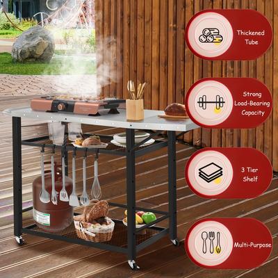 TEMU Outdoor Grill Cart Table With , Movable Pizza Oven Stand Table With Foldable Side Table, 3-shelf Prep Table Stainless Steel Rolling Cart For Bbq, Camping For Christmas Gift