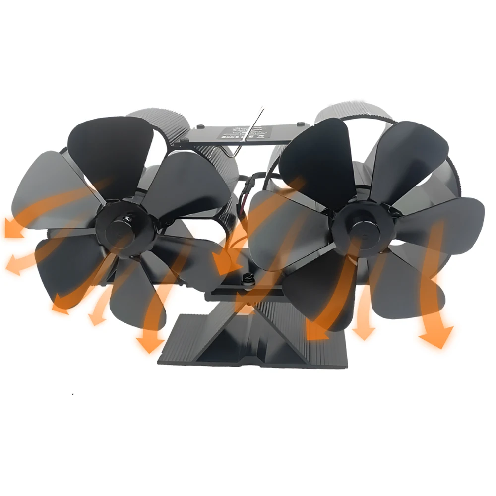Holzofenventilator, wärmebetrieben, zwei leisen Motoren, 4 Flügel, nicht elektrisch, wärmeaktivierter Kaminventilator mit Halterung und Thermometer Image