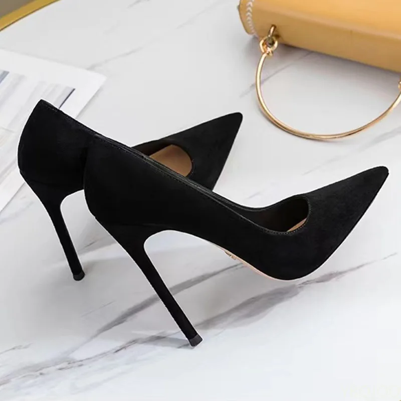 Neue Mode frauen schuhe Sexy schwarze high Heels Sharp spitze wildleder pumpen Elegante Flacher Mund Etikette Schuhe Mujer Zapatos