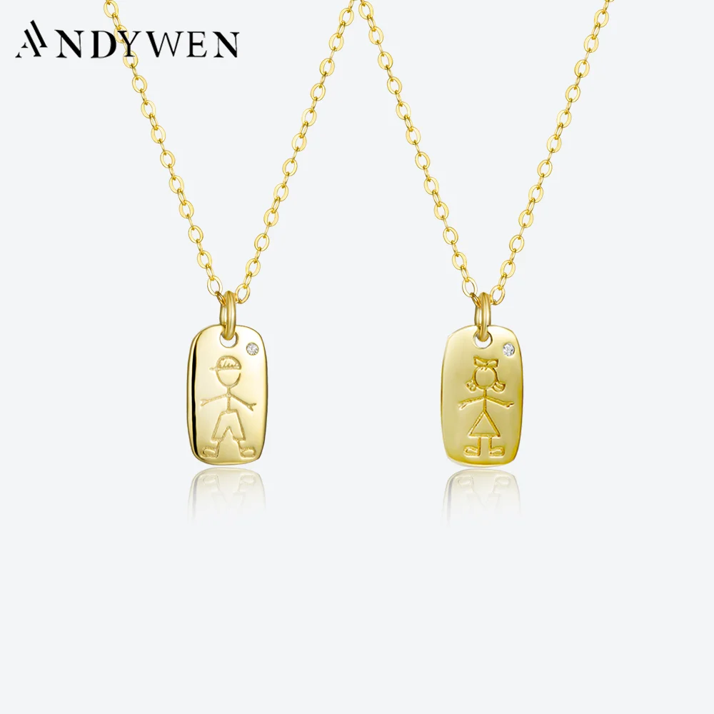 Andywen Sterling Silber Gold Junge Mädchen Quadrat Anhänger lange Kette Halskette Frauen Luxus edlen Schmuck Kristall Juwelen Image