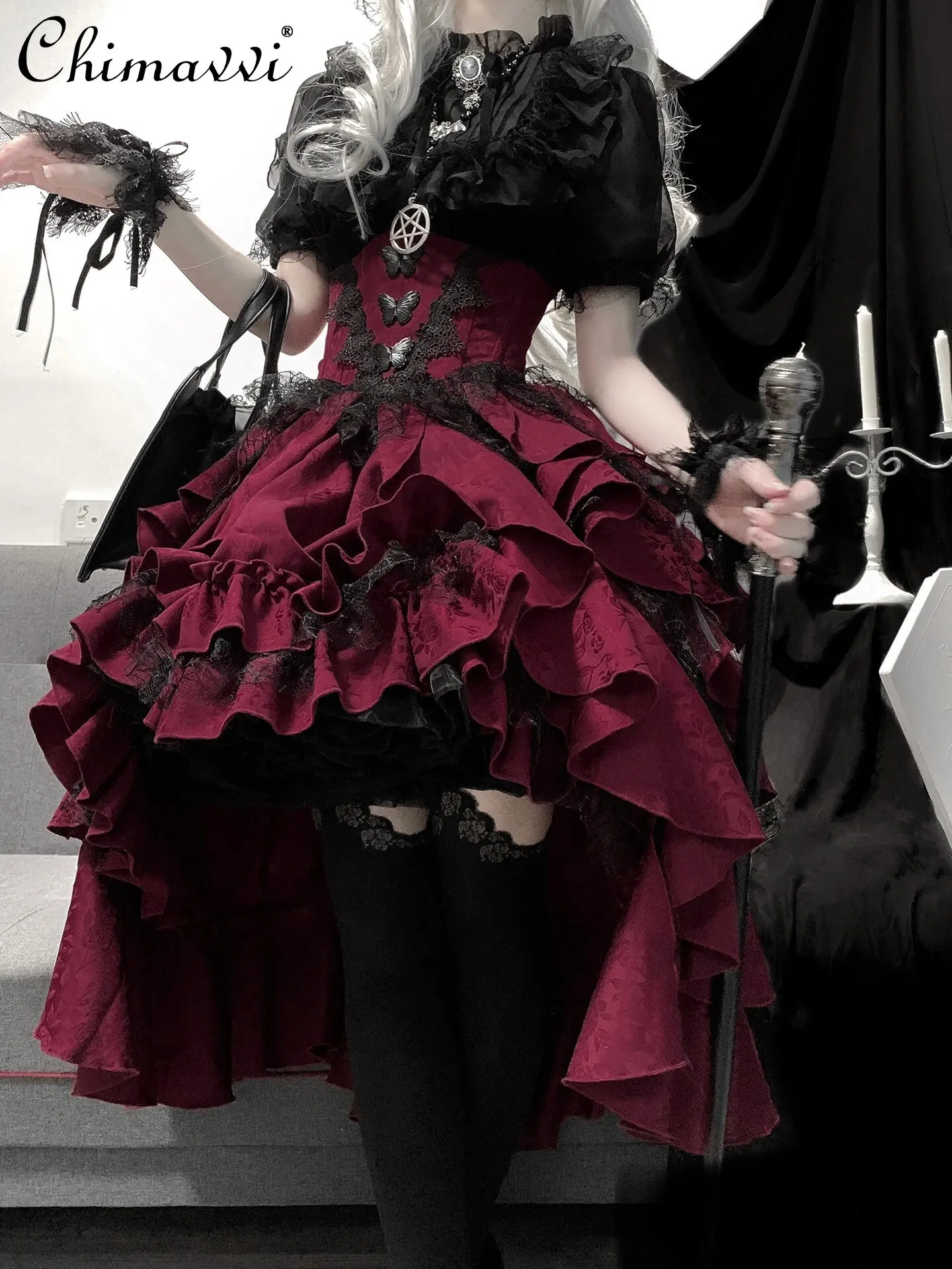Dunkles Mädchen Gothic schwarz Hemd rot Lift Rock Sets Frühling und Herbst neue Schwerindustrie Halloween Cosplay Lolita zweiteiliges Set