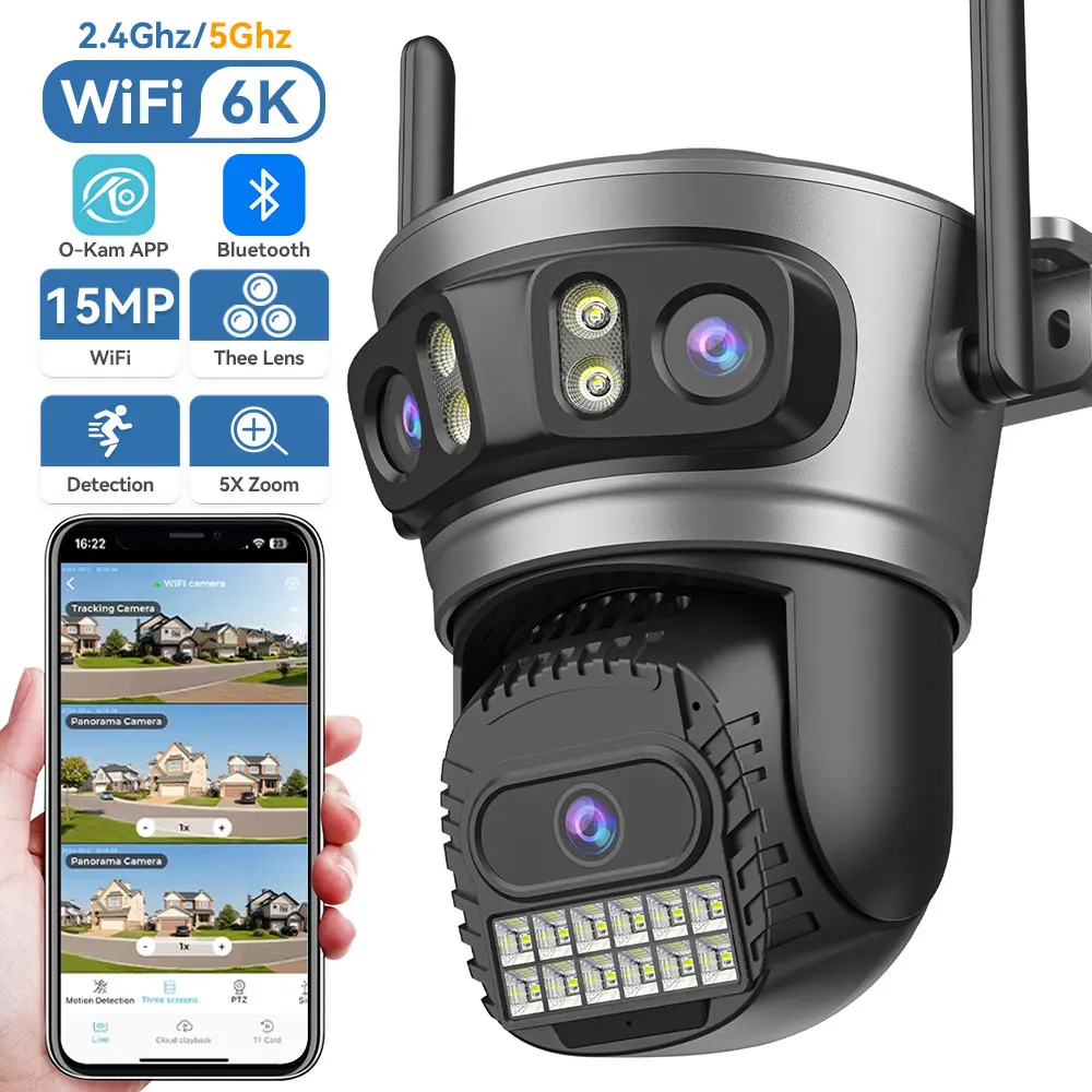 5Ghz WIFI 6K 15MP Drei Objektiv Drei Bildschirme PTZ Wifi IP Kamera 5K 10M Dual Objektiv dual Bildschirme Auto Tracking Outdoor Überwachung Image