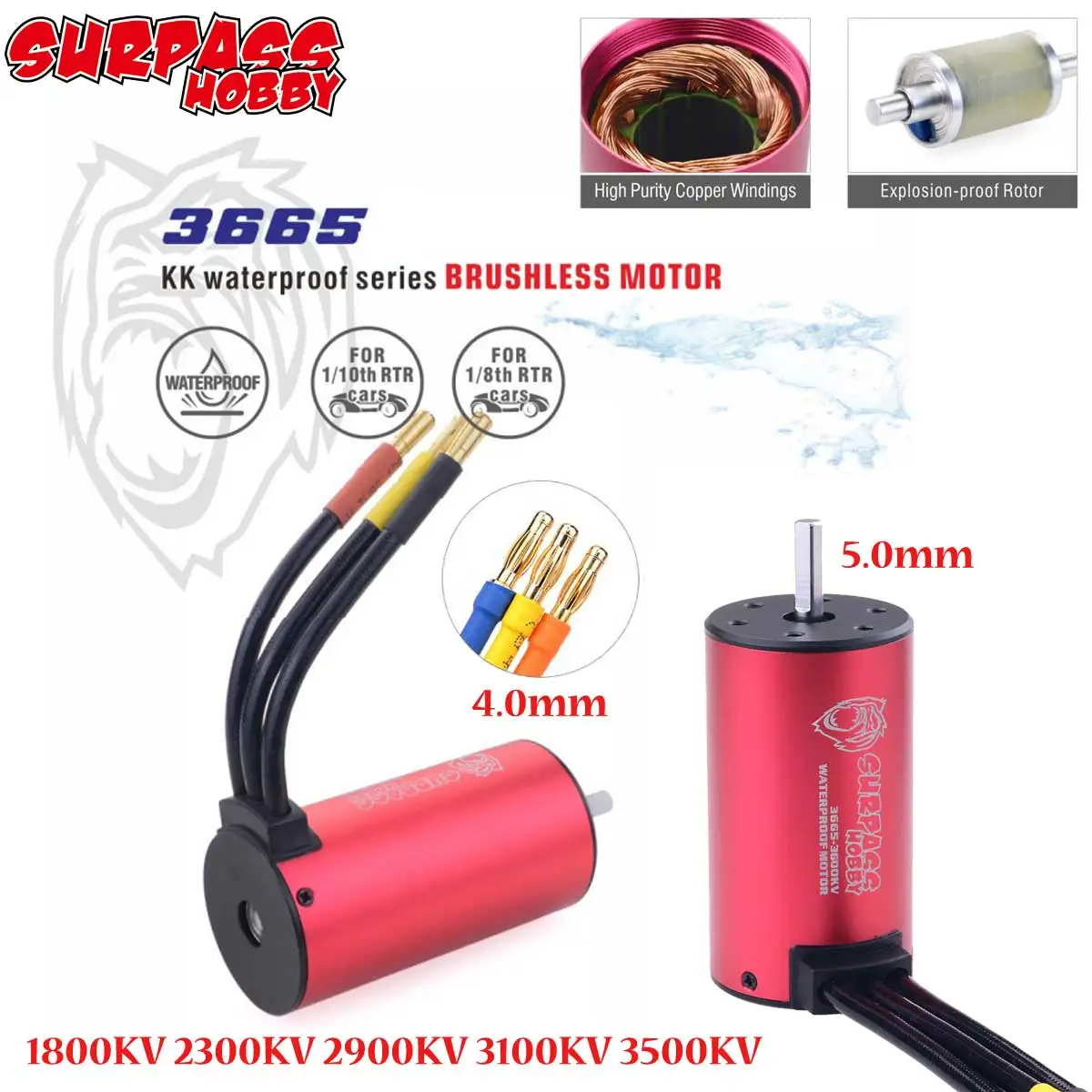Surpass Hobby KK 3665 Wasserdichter bürstenloser Motor 1800/2300/2900/3100/3500KV für 1/8 1/10 RC Car Drift Racing Off-Road Truck