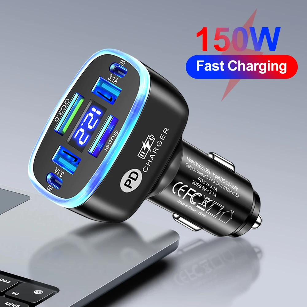 6-Port USB Auto Ladegerät Typ C Schnelle Lade Telefon Adapter Für Xiaomi Huawei PD Telefon Ladegerät Auto Adapter Buchse zigarette Lighte Image
