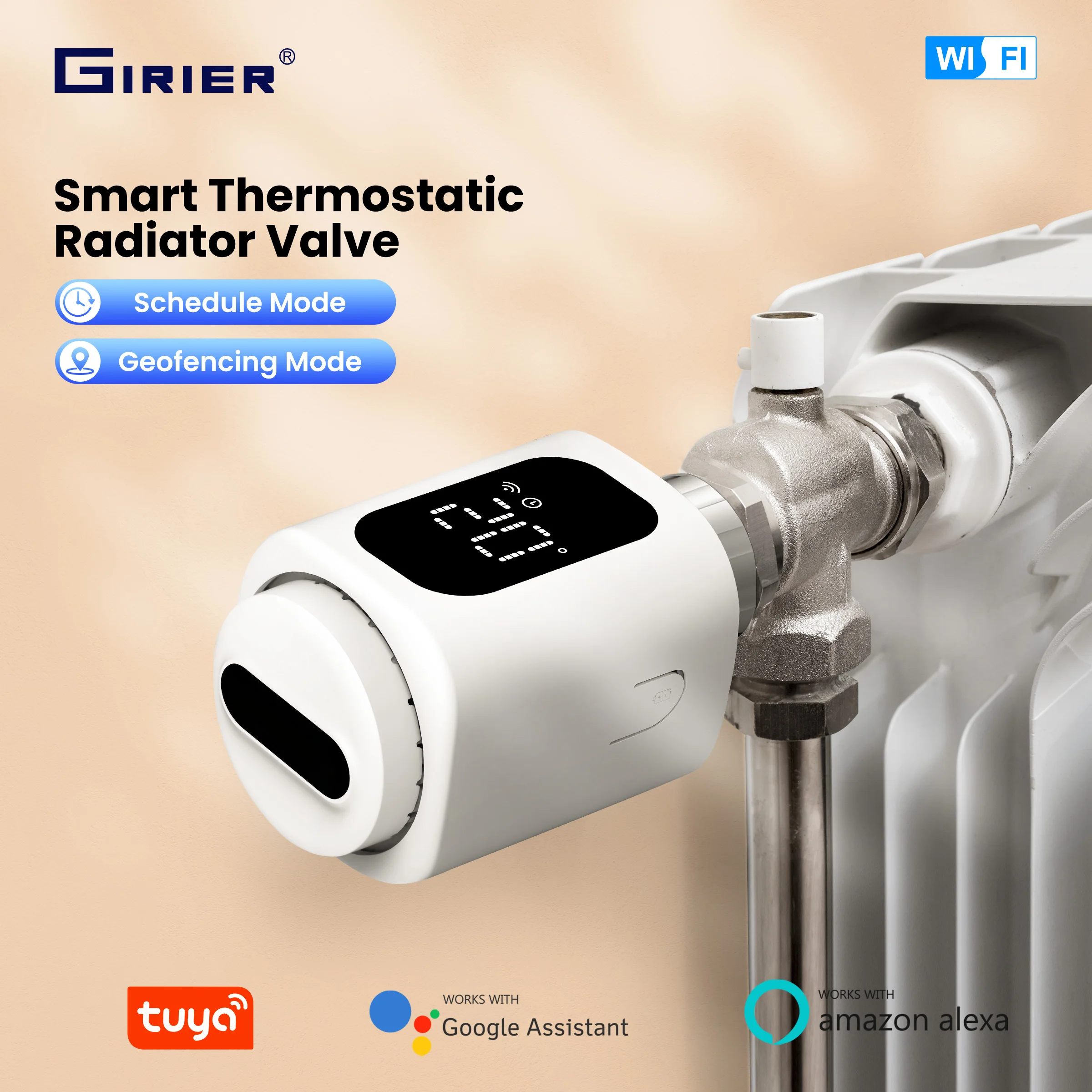 GIRIER Tuya Smart Heizkörperthermostat WiFi Thermostatventil Programmierbarer Temperaturregler Unterstützt Geo Fenching Image