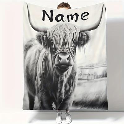 TEMU 1pc Customizable Cow Print Throw Blanket - Contemporary Style, , , Anti-allergen, Durable, Machine Washable, Polyester, 200-250g, Ideal For Travel, Home & Kitchen Decor, Bedding, Knit Fabric