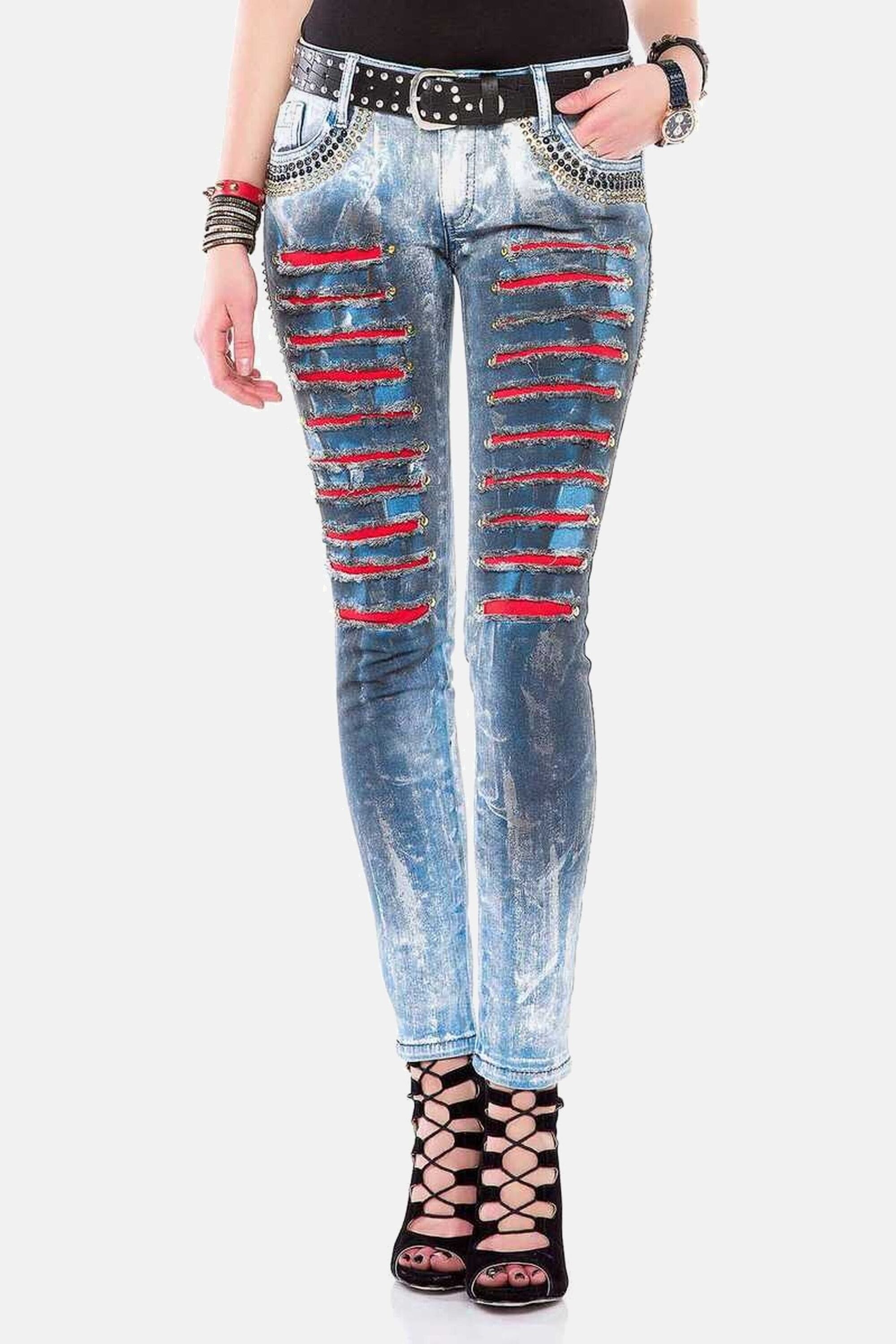 Slim-fit-Jeans CIPO & BAXX "Jeans", Damen, Gr. 28, Länge 34, blau, 98% Baumwolle;2% Elasthan, unifarben, slim fit lang, Jeans, mit Nietenbesatz, WD-375 Image