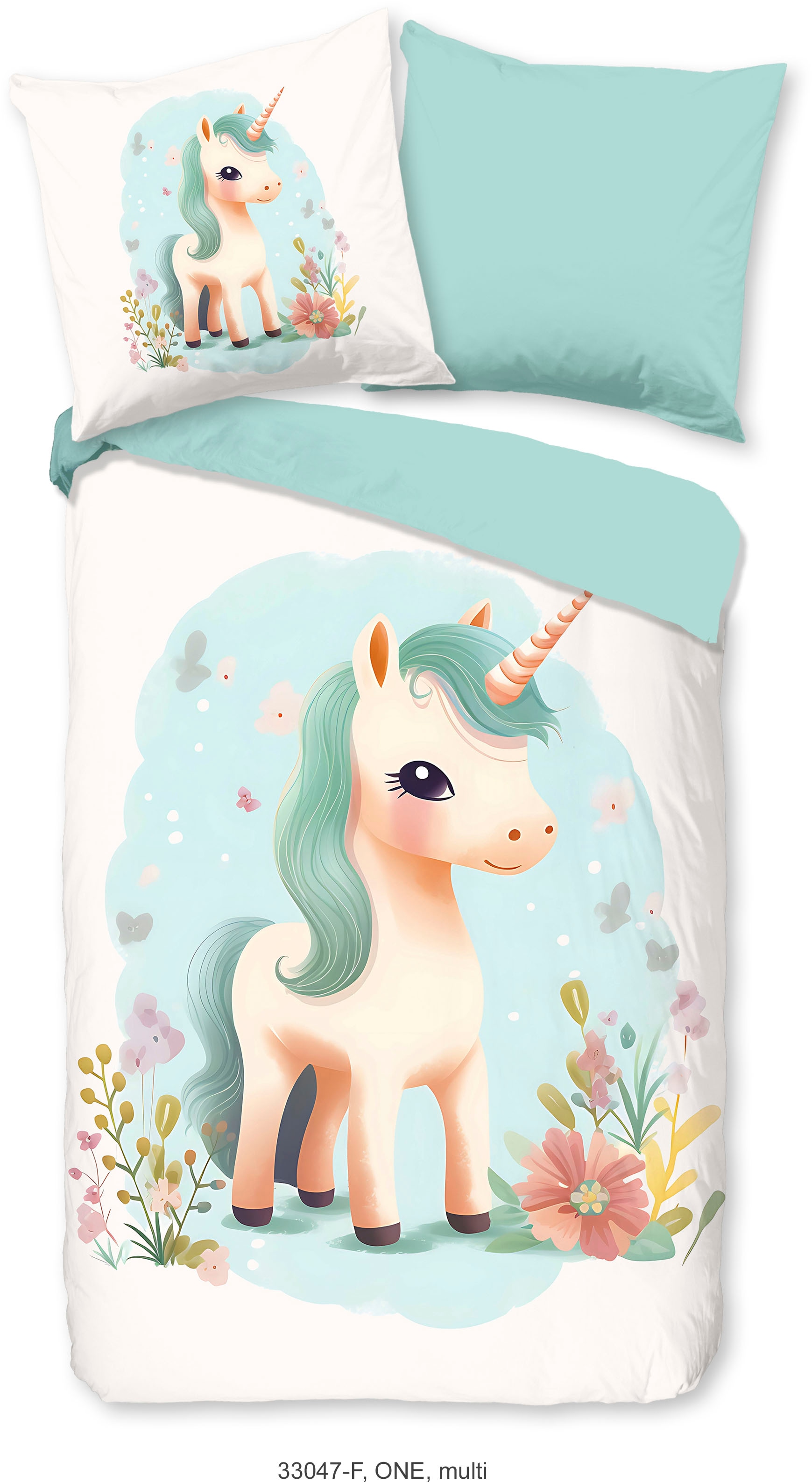 Kinderbettwäsche GOOD MORNING "One", blau (aqua), B/L: 135cm x 200cm, 1 Stk., 1 Stk., Flanell, B/L: 80cm x 80cm, 2 Stk., Flanell, Obermaterial: 100% Baumwolle, Bettwäsche, Flanell, Biber, 135x200, Warm, Wende, Mädchen, Einhorn, Weiß, Türkis Image