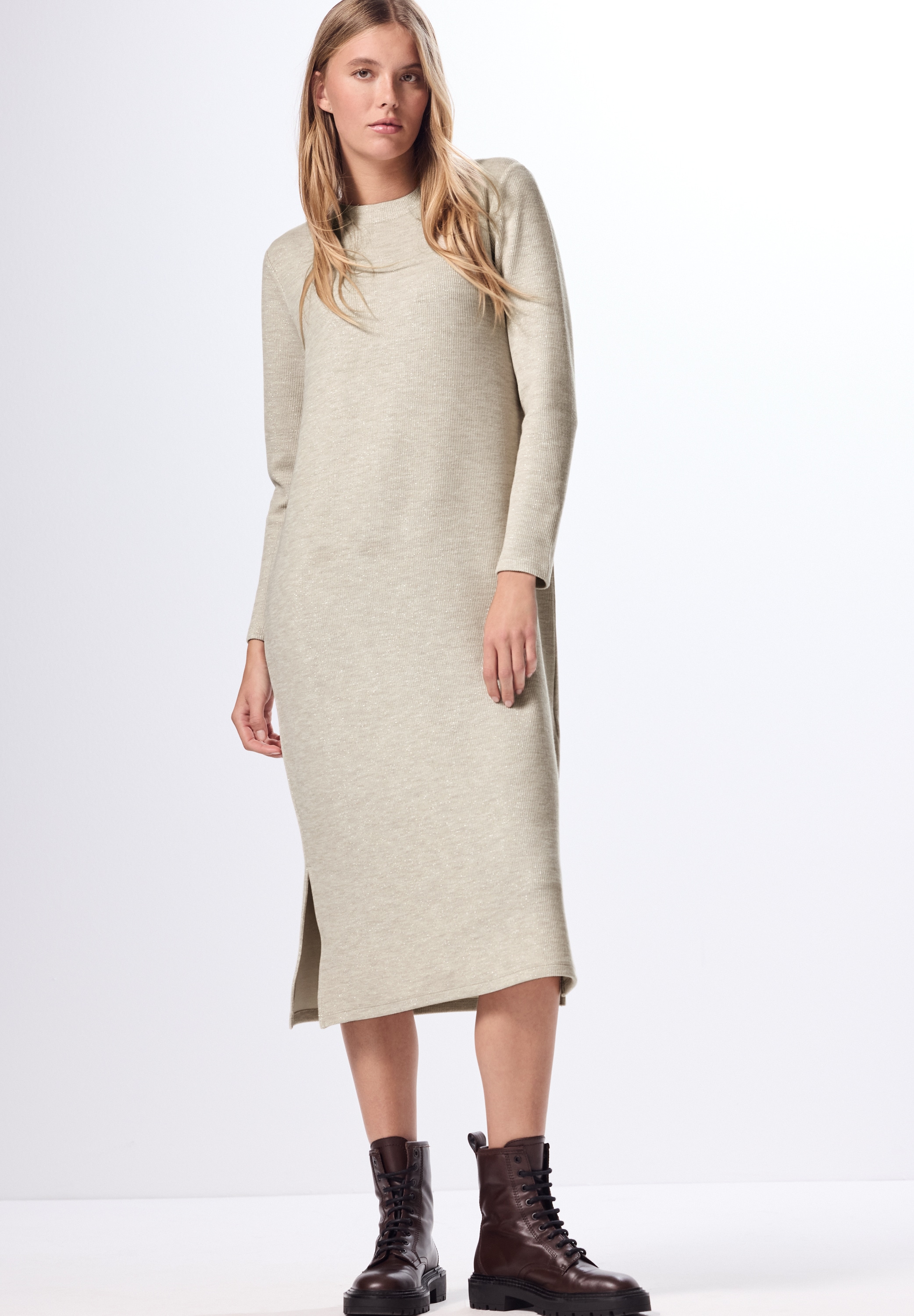Midikleid STREET ONE STUDIO, Damen, Gr. 44, EURO-Größen, beige (oak beige melange), Stoff, 79% Polyester, 14% Viskose, 5% Metallpolyester, 2% Elasthan, unifarben, Casual, normal wadenlang, Rundhals, Bündchen, Kleider, in Unifarbe Image