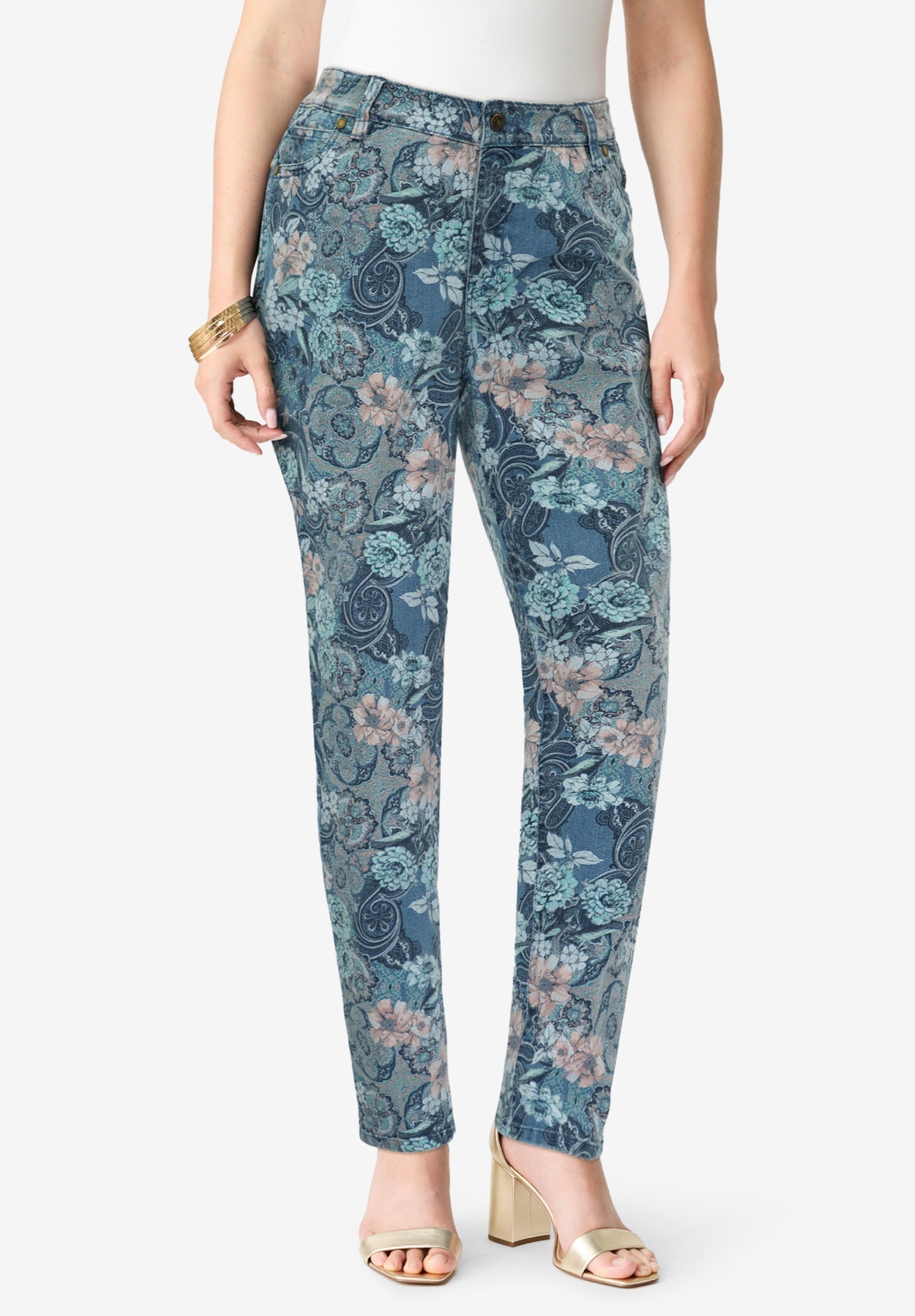 Plus Size Women's Plus Size Classic Stretch Straight Leg Jean by Denim 24/7 by Roamans in Stonewash Rose Paisley (Size 16 W)