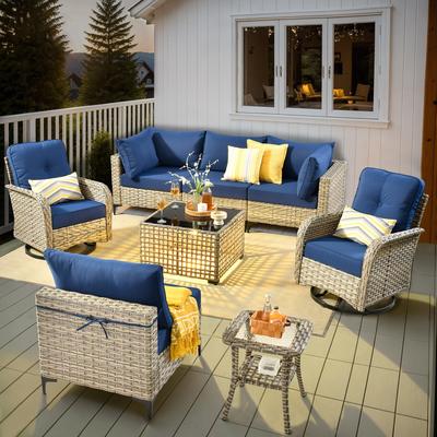 OVIOS 8 Pieces Outdoor Wicker Swivel Chair Set With Solar-Powered Coffee Table