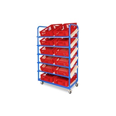 BRB Schrägboden-Regalwagen mit 6 Ebenen, BxTxH 1050x500x1690 mm, 2 Lenk- (mit Feststellbremse) u. 2 Bockrollen mit 12 Euroboxen BxTxH 600x400x150 mm Image