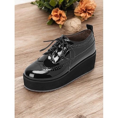 scarpe brogue oxford con plateau nere e bianche da donna – scarpe stringate vintage in vernice con suola spessa