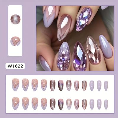 TEMU 24pcs Set Of Mixed Color -shaped Press-on Nails With - , Medium Length Fake Nails For Care