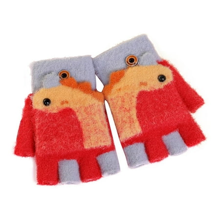 Zwiiyzr Kids Dinosaur Convertible Mittens Fingerless Winter Glove Toddler Knit Half Finger Mittens Flap Full Finger Glove Xmas Gifts for 5-9 Years Old Red