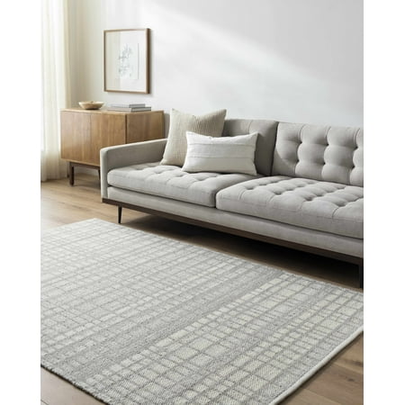 Hauteloom Nissa Wool Living Room Bedroom Area Rug - Checkered Geometric Square Plaid - Gray White Off White - 8 x 10
